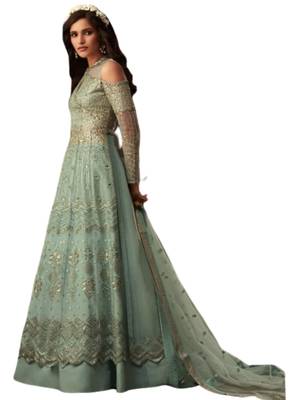 Grey Embroidered net semi stitched salwar with dupatta 1