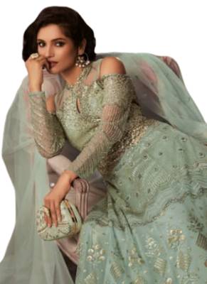 Grey Embroidered net semi stitched salwar with dupatta 2