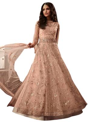 Peach Embroidered net semi stitched salwar with dupatta 1