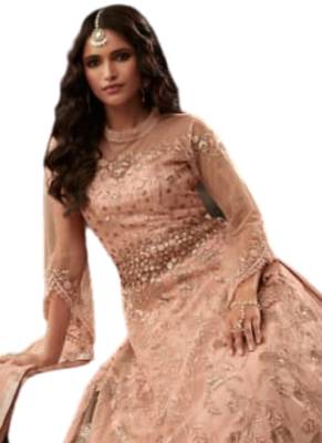 Peach Embroidered net semi stitched salwar with dupatta 2