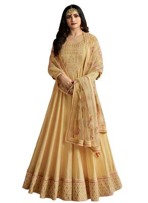Beige Embroidered Crepe semi stitched salwar with dupatta 1