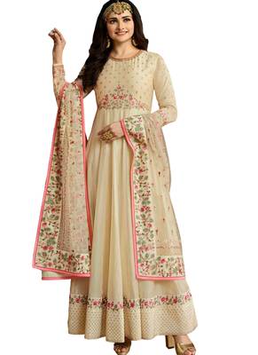 Beige Embroidered Georgette semi stitched salwar with dupatta 1