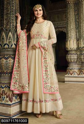 Beige Embroidered Georgette semi stitched salwar with dupatta 4