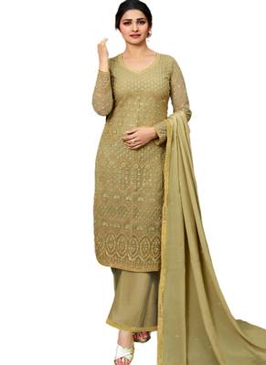Beige Embroidered Net semi stitched salwar with dupatta 1