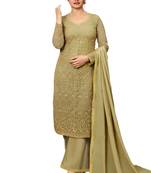 Beige Embroidered Net semi stitched salwar with dupatta
