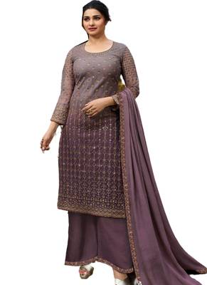 Purple Embroidered Net semi stitched salwar with dupatta 1