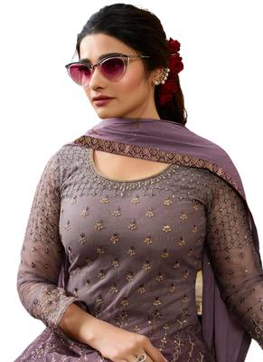 Purple Embroidered Net semi stitched salwar with dupatta 2