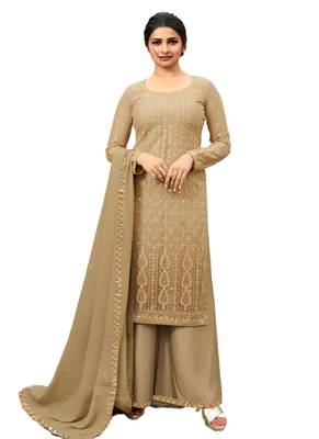 Beige Embroidered Net semi stitched salwar with dupatta 1