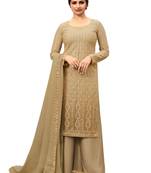 Beige Embroidered Net semi stitched salwar with dupatta