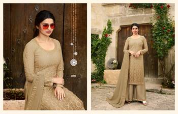 Beige Embroidered Net semi stitched salwar with dupatta 4