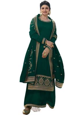 Green Embroidered Satin semi stitched salwar with dupatta 1