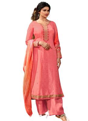 Peach Embroidered Crepe semi stitched salwar with dupatta 1