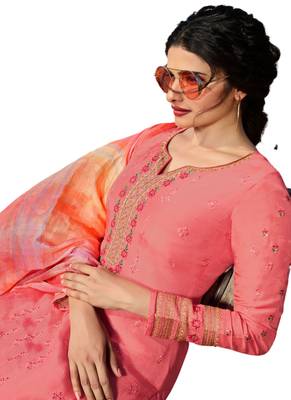Peach Embroidered Crepe semi stitched salwar with dupatta 2