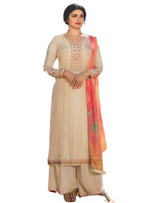 Cream Embroidered Crepe semi stitched salwar with dupatta 1