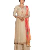 Cream Embroidered Crepe semi stitched salwar with dupatta