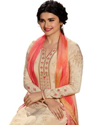 Cream Embroidered Crepe semi stitched salwar with dupatta 2