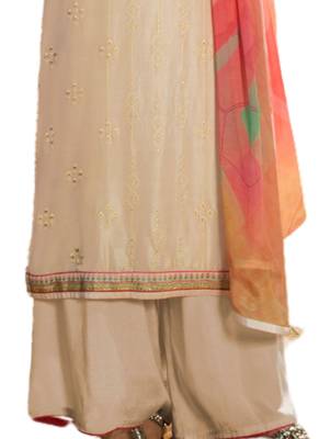 Cream Embroidered Crepe semi stitched salwar with dupatta 3