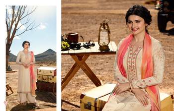 Cream Embroidered Crepe semi stitched salwar with dupatta 4