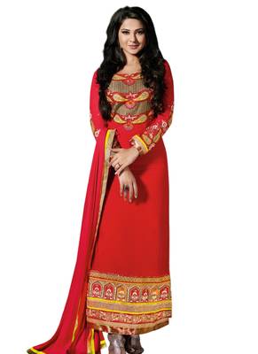 Peach embroidered Georgette unstitched salwar with dupatta 1