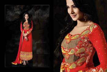 Peach embroidered Georgette unstitched salwar with dupatta 4