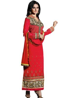 Peach embroidered Georgette unstitched salwar with dupatta 1
