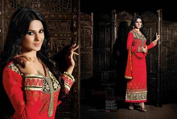 Peach embroidered Georgette unstitched salwar with dupatta 4