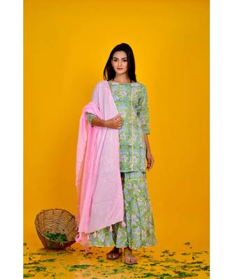 LIGHT GREEN SHARARA SET WITH PINK DUPATTA 1