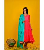 pink bandhani flared dress with green dupata