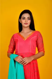 pink bandhani flared dress with green dupata