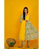 YELLOW BLOCK PRINT KURTA PANT SET WITH YELLOW DUPATTA