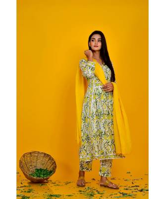 YELLOW BLOCK PRINT KURTA PANT SET WITH YELLOW DUPATTA 2