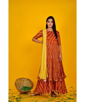 BROWN LEHERIYA DOUBLE LAYERED ANARKALI DRESS WITH DUPATTA 1