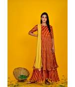 BROWN LEHERIYA DOUBLE LAYERED ANARKALI DRESS WITH DUPATTA