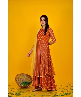 BROWN LEHERIYA DOUBLE LAYERED ANARKALI DRESS WITH DUPATTA 2