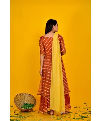 BROWN LEHERIYA DOUBLE LAYERED ANARKALI DRESS WITH DUPATTA 3
