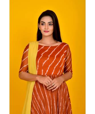 BROWN LEHERIYA DOUBLE LAYERED ANARKALI DRESS WITH DUPATTA 4