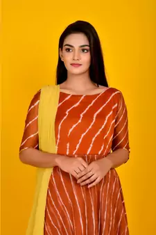 BROWN LEHERIYA DOUBLE LAYERED ANARKALI DRESS WITH DUPATTA