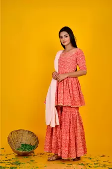 ORANGE COTTON PRINTED SHARARA SET