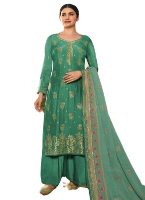 Green Embelished Jacquard semi stitched salwar with dupatta 1