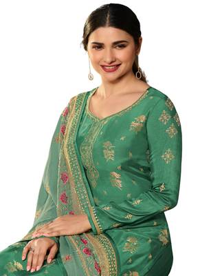 Green Embelished Jacquard semi stitched salwar with dupatta 2
