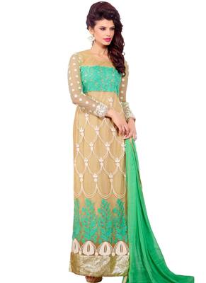 Beige embroidered Net unstitched salwar with dupatta 1