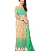Beige embroidered Net unstitched salwar with dupatta