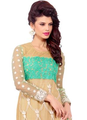 Beige embroidered Net unstitched salwar with dupatta 2