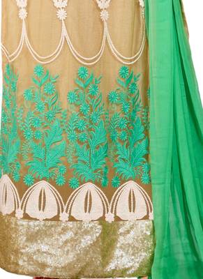 Beige embroidered Net unstitched salwar with dupatta 3