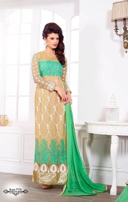 Beige embroidered Net unstitched salwar with dupatta 4