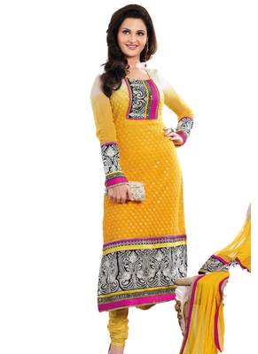 Yellow Embroidered Georgette semi stitched salwar with dupatta 1