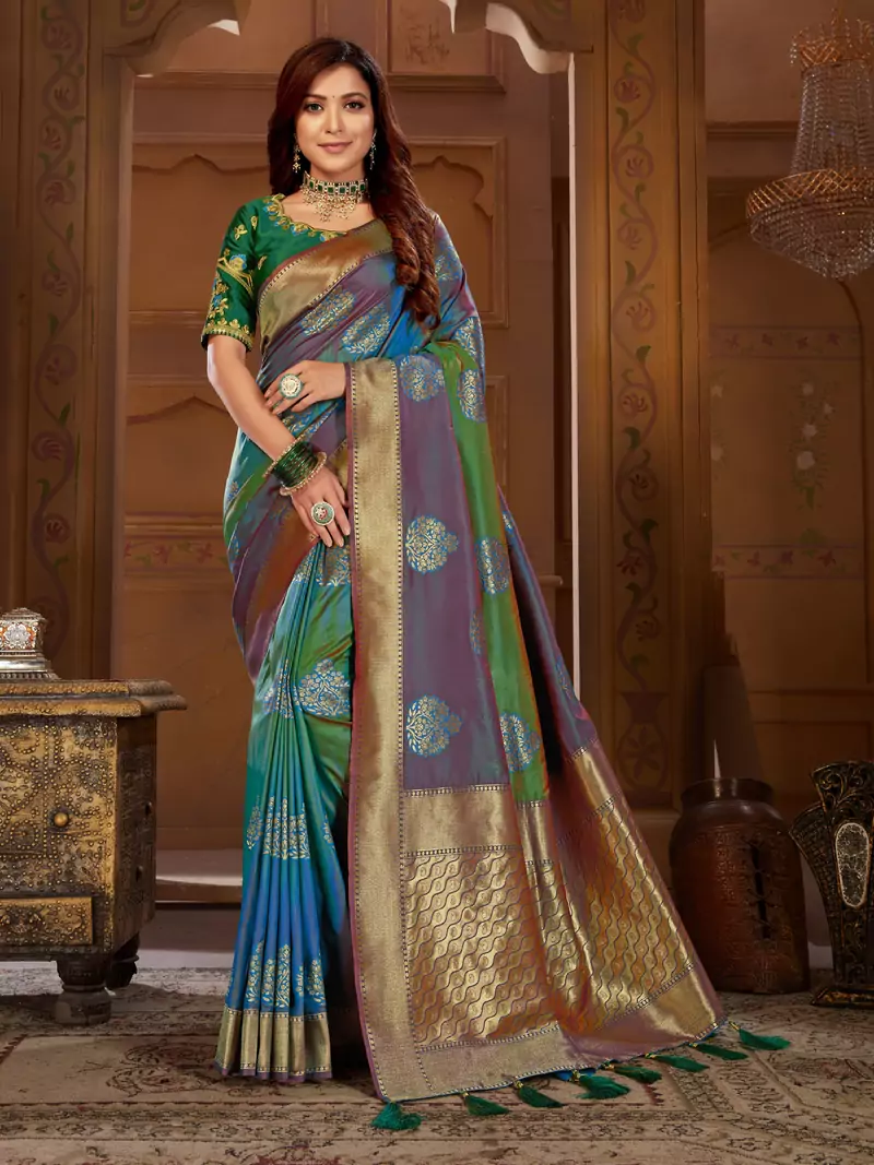 Green woven banarasi saree with blouse