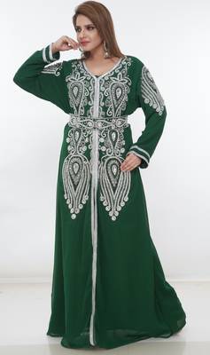 Green embroidered georgette islamic-kaftans 3