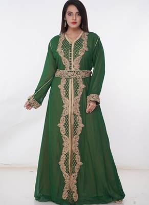 Green embroidered georgette islamic-kaftans 3