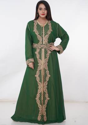 Green embroidered georgette islamic-kaftans 4